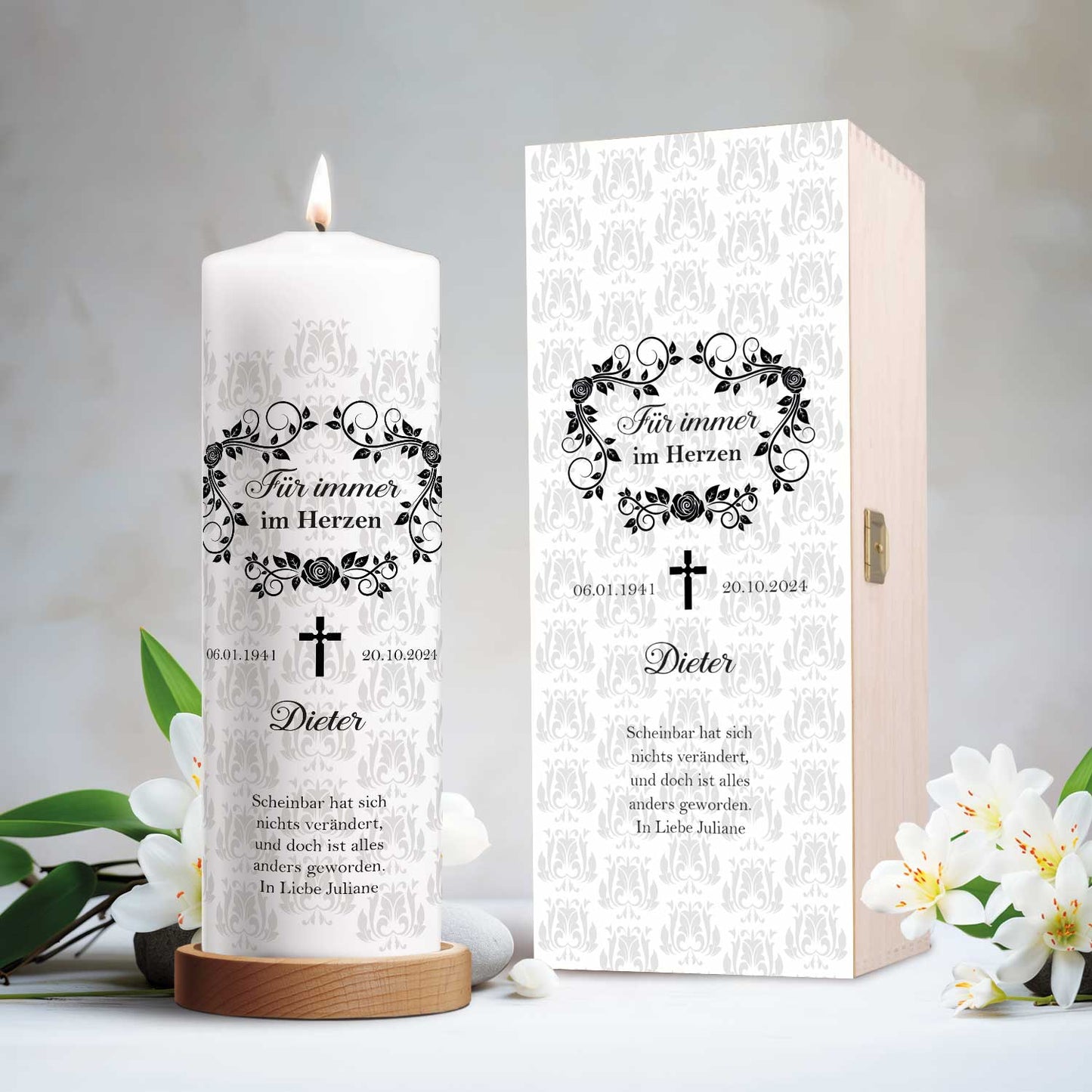 Große Kerze "Rosenkranz" - Trauerkerze mit Namen, Datum & Wunschtext
