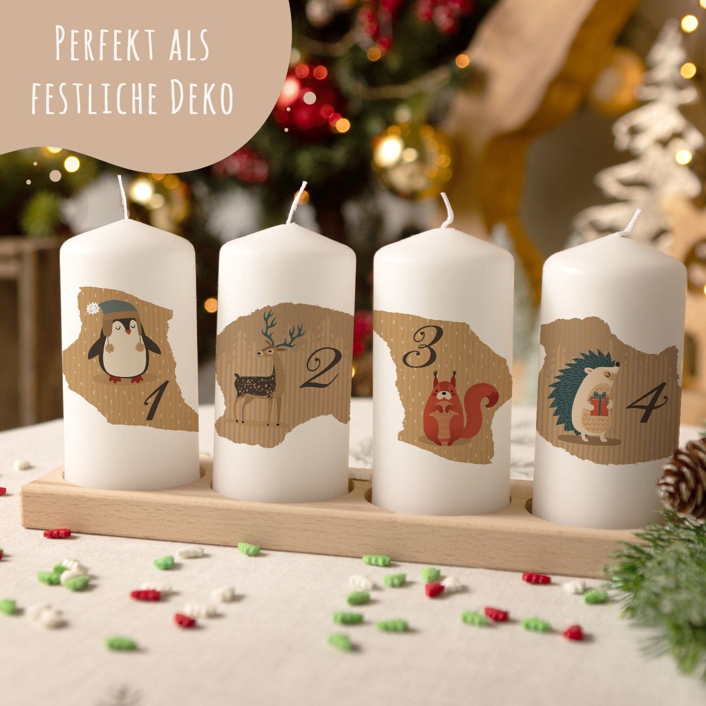 Kleine Kerzen "Advent Tiere Vintage" - Adventskerzen im 4er Set