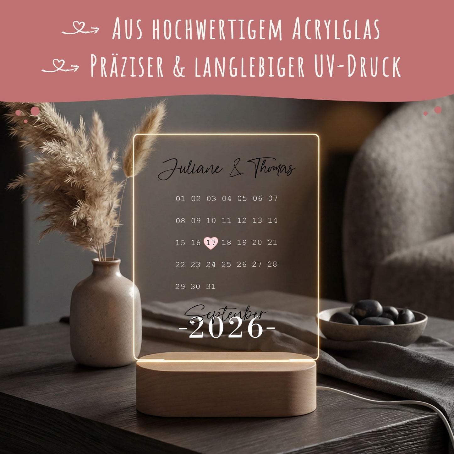 Beleuchtetes Acrylglas - Kalender - Personalisiertes Geschenk mit Namen & Datum