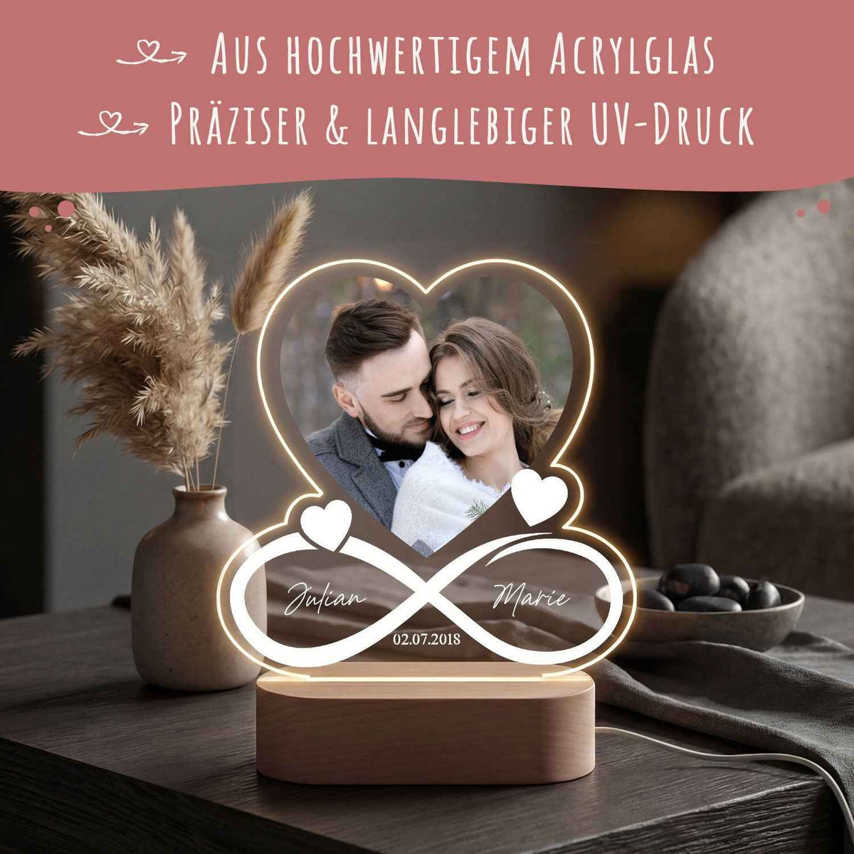 Beleuchtetes LED Acrylglas mit Foto, Namen & Datum - Unendlichkeit