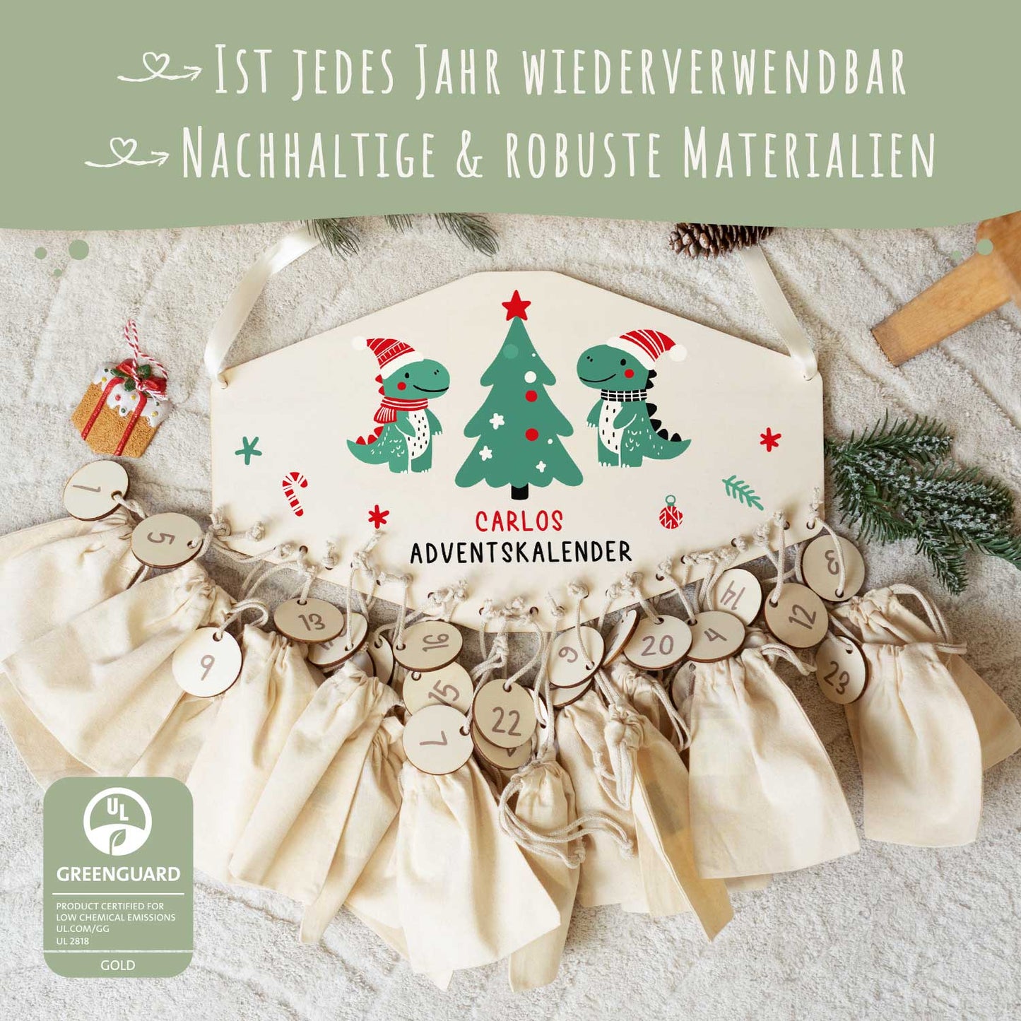 Personalisierter Adventskalender aus Holz mit Druckmotiv & Namen - Dinos