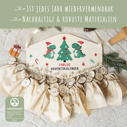 Personalisierter Adventskalender aus Holz mit Druckmotiv & Namen - Dinos