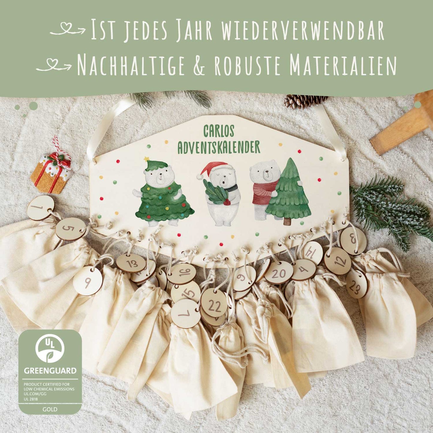 Personalisierter Adventskalender aus Holz mit Druckmotiv & Namen - Eisbären