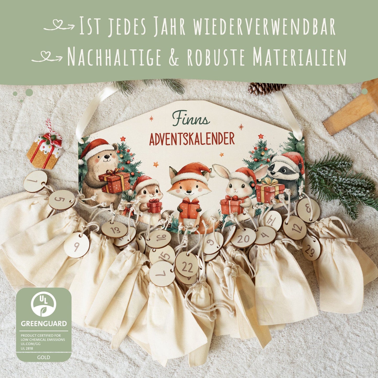 Personalisierter Adventskalender aus Holz mit Druckmotiv & Namen - Geschenketiere
