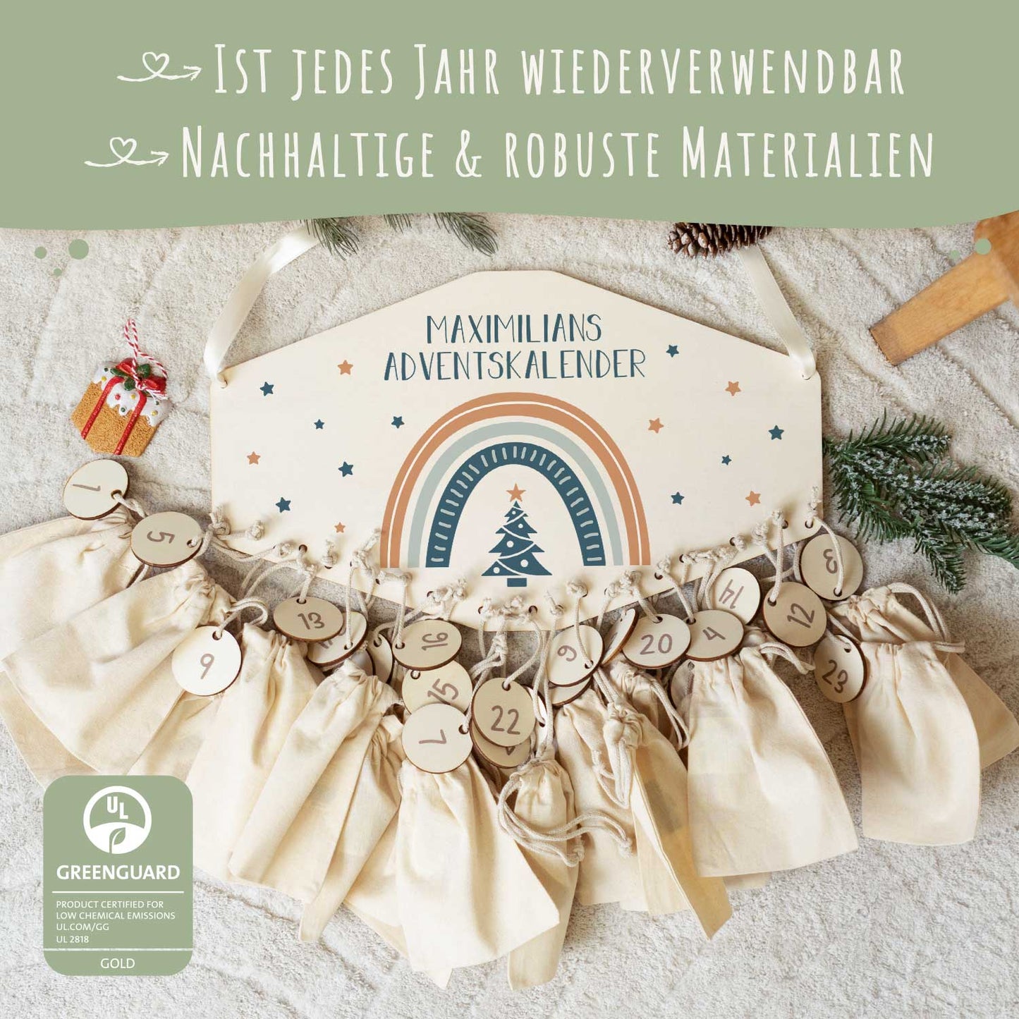 Personalisierter Adventskalender aus Holz mit Druckmotiv & Namen - Regenbogen