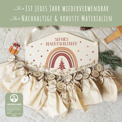 Personalisierter Adventskalender aus Holz mit Druckmotiv & Namen - Regenbogen