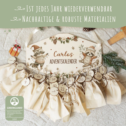 Personalisierter Adventskalender aus Holz mit Druckmotiv & Namen - Waschbären