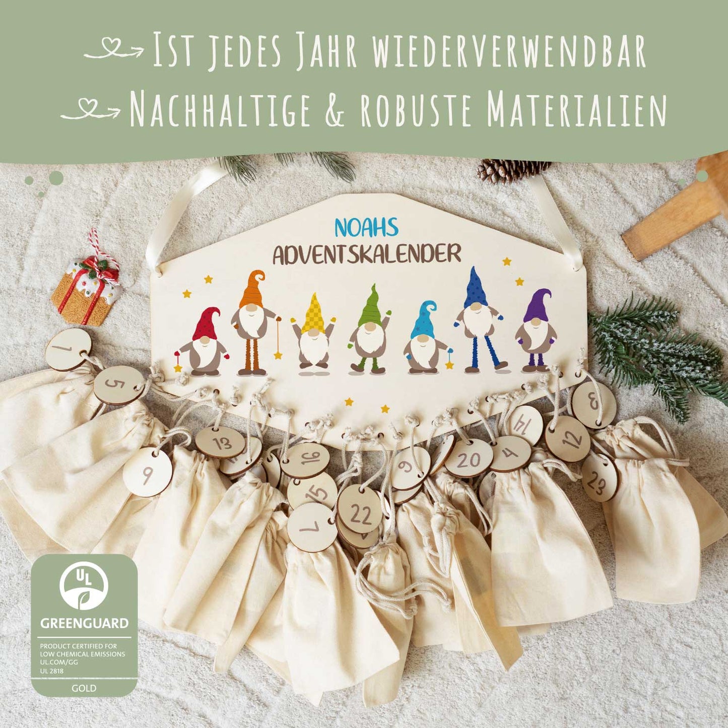 Personalisierter Adventskalender aus Holz mit Druckmotiv & Namen - Wichtel