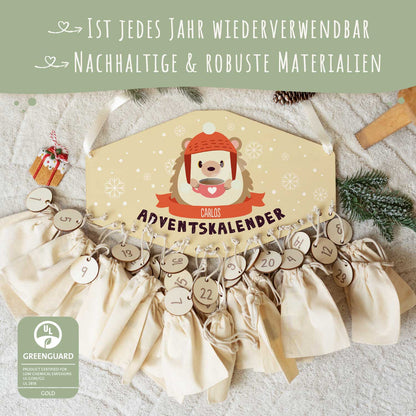 Personalisierter Adventskalender aus Holz mit Druckmotiv & Namen - Wintertiere