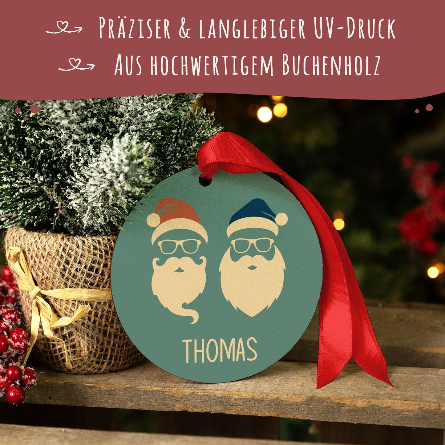 Christbaumschmuck aus Holz - Cool Santa - Weihnachtsanhänger mit Namen
