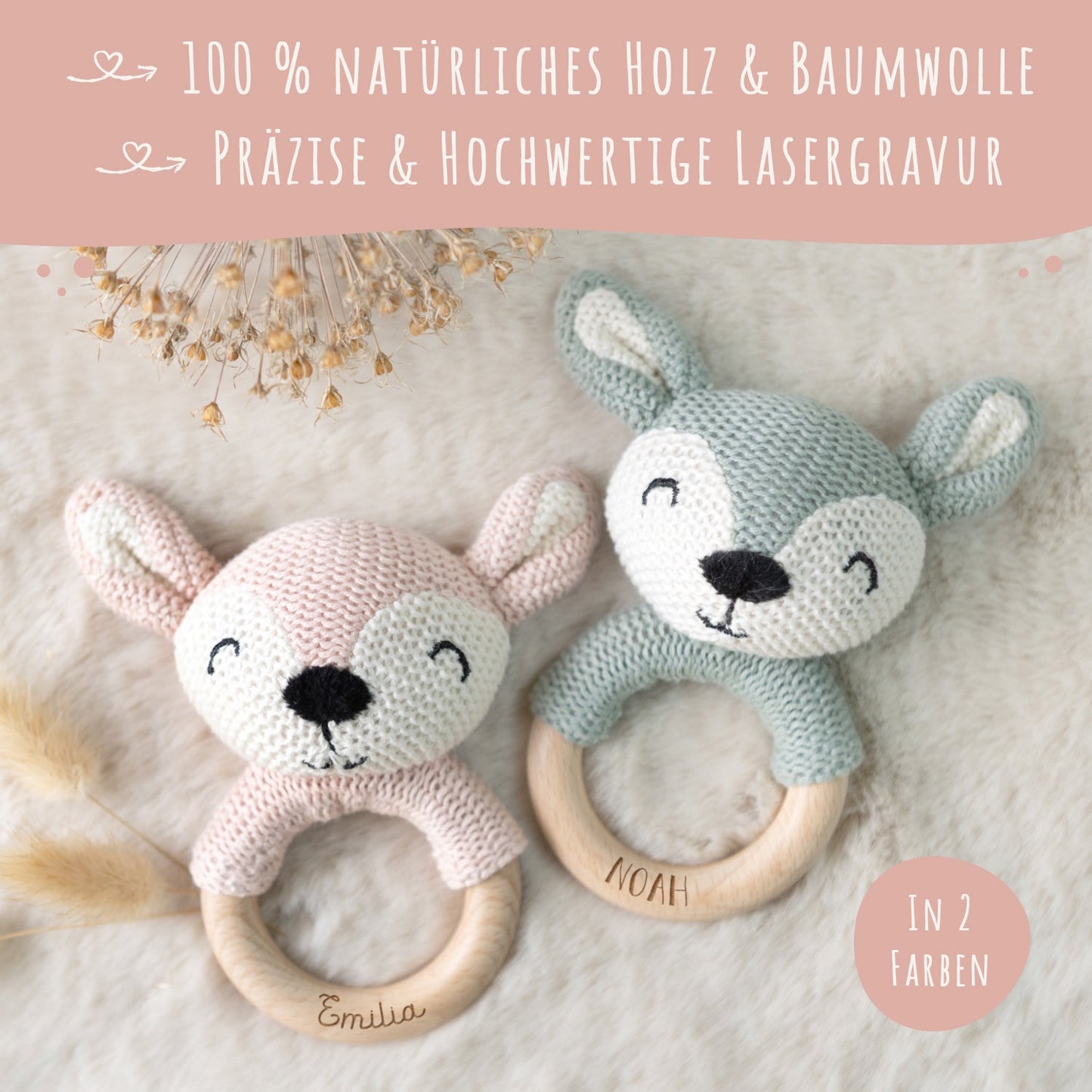 Gravierter Beißring aus Holz mit Stofftier von Jollein - Tierkopf