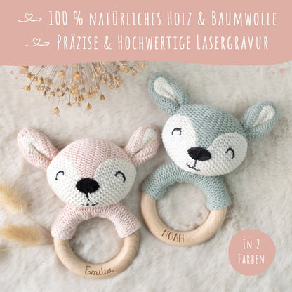 Gravierter Beißring aus Holz mit Stofftier von Jollein - Tierkopf