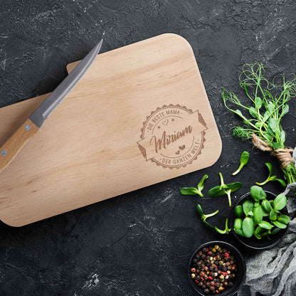 Frühstücksbrettchen mit Gravur - Inklusive Messer - Beste Mama Logo mit Name
