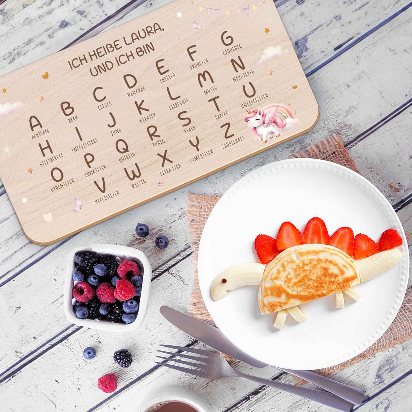 Frühstücksbrettchen mit Druckmotiv & Name - ABC Einhorn