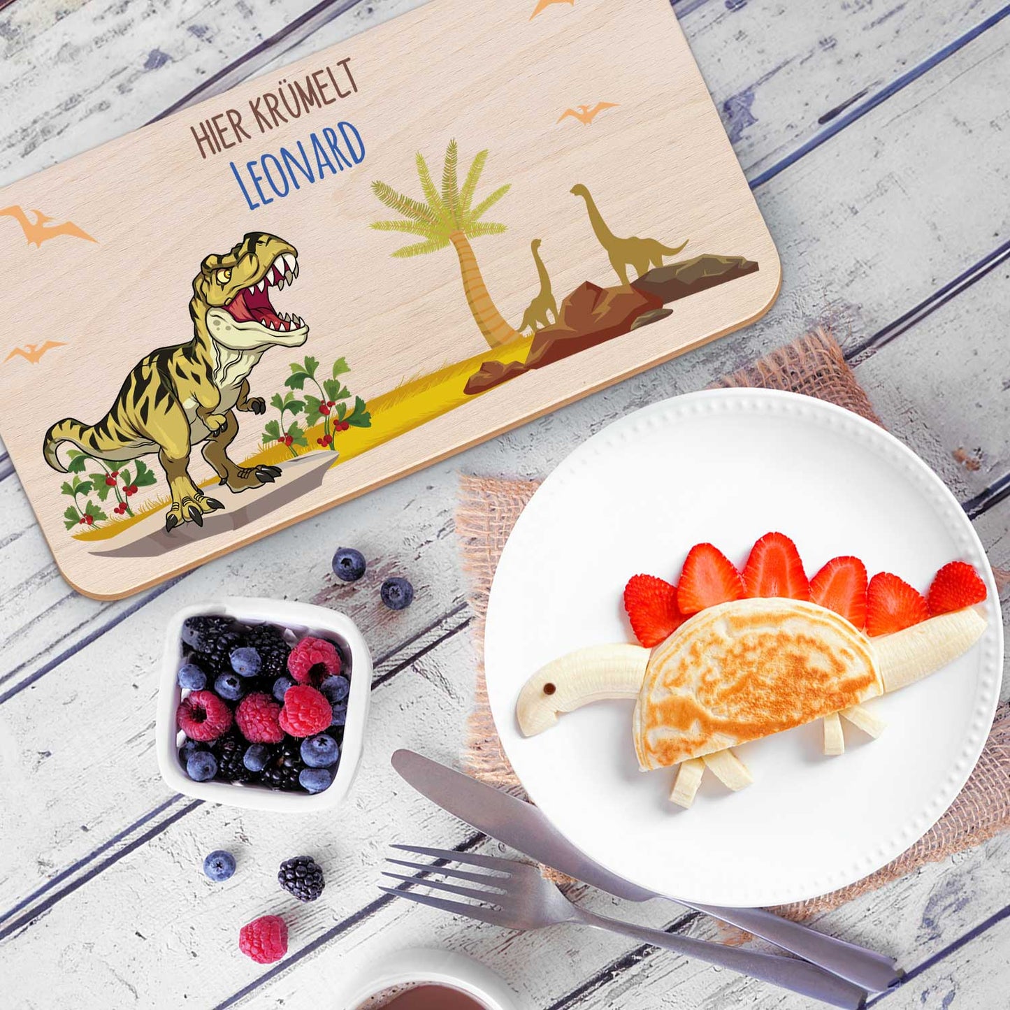 Frühstücksbrettchen mit Druckmotiv & Name - T-Rex Design