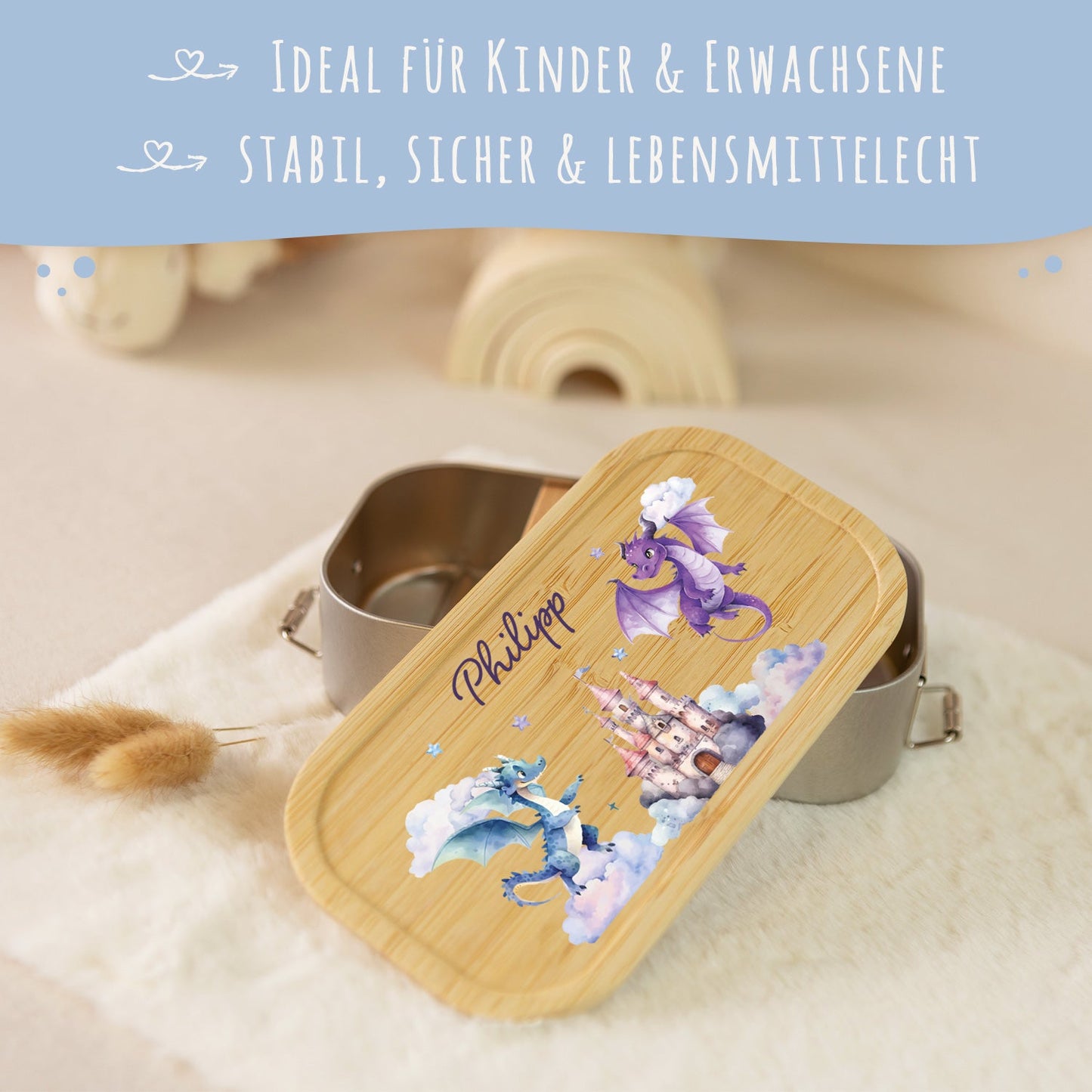 Brotdose mit Deckel für Kinder mit UV-Druck im "Drache" Design