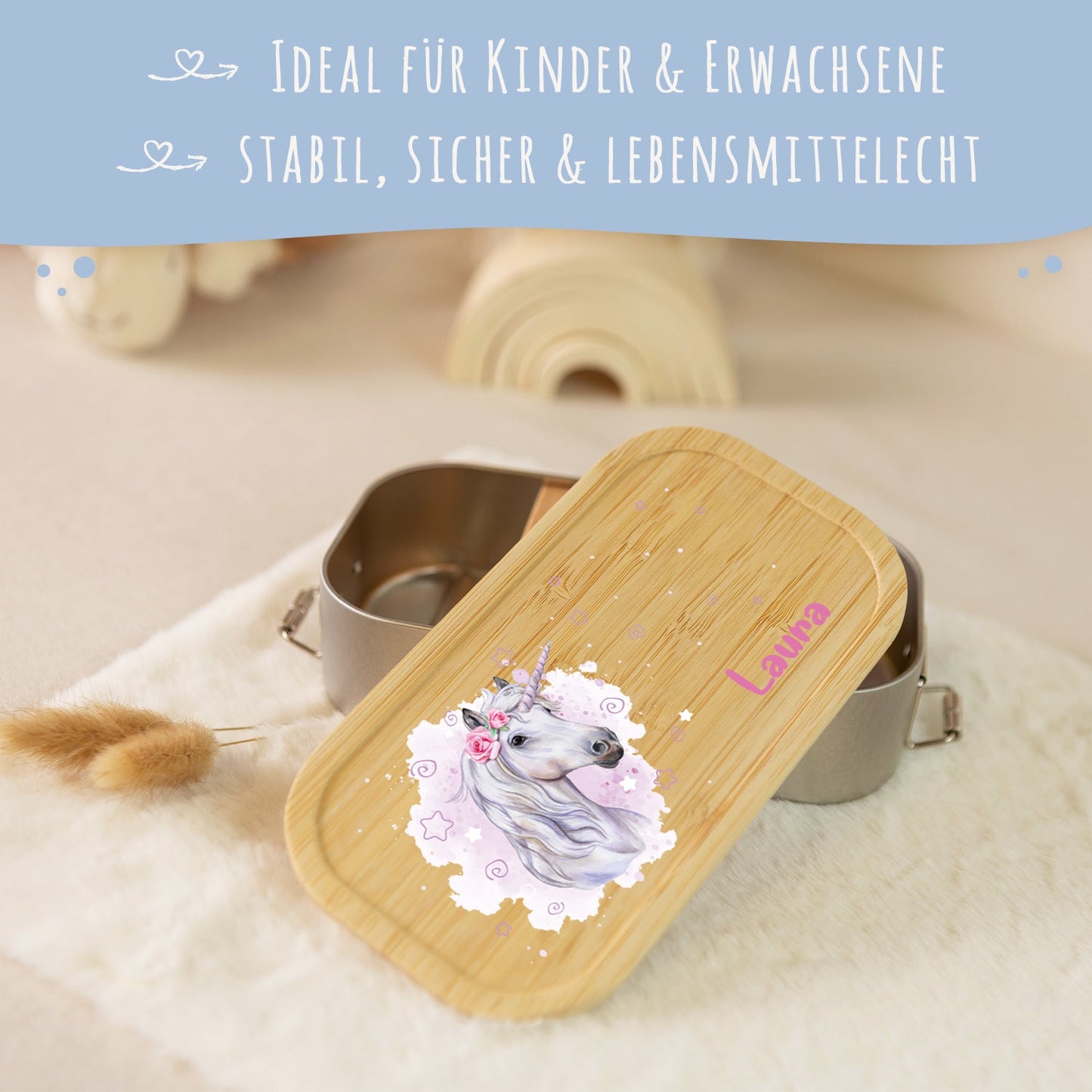 Brotdose mit Deckel für Kinder mit UV-Druck im "Einhorn" Design