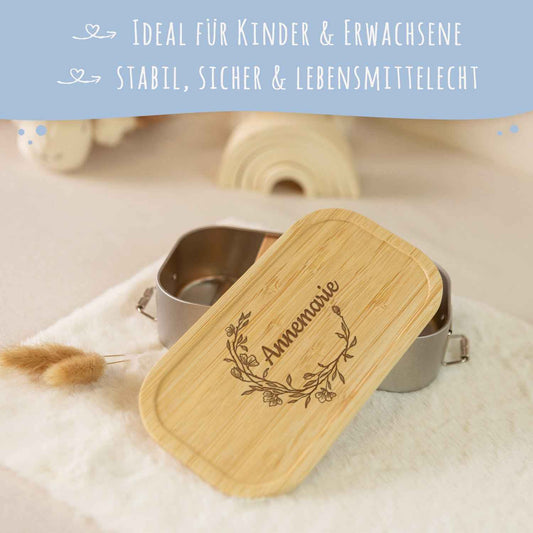 Brotdose mit graviertem Deckel für Kinder im "Floral Name" Design