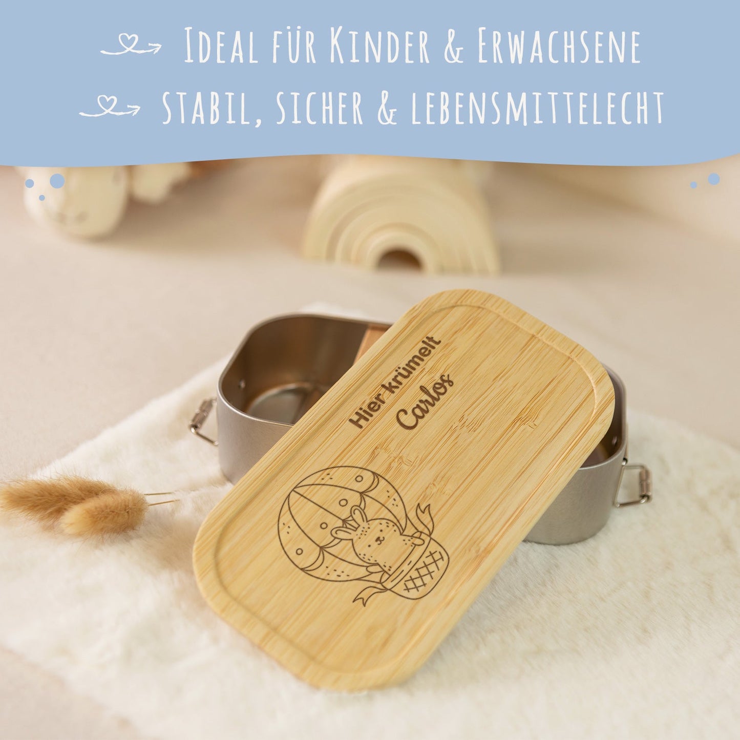 Brotdose mit graviertem Deckel für Kinder im "Hase im Ballon" Design