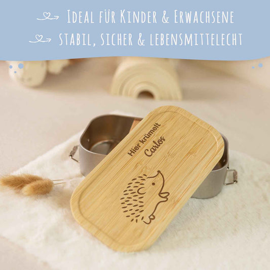 Brotdose mit graviertem Deckel für Kinder im "Igel" Design