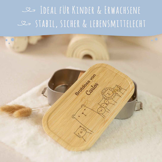 Brotdose mit graviertem Deckel für Kinder im "Tiergruppe" Design