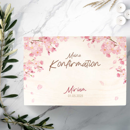Bedruckte Erinnerungskiste zur Kommunion & Konfirmation - Kirschblüten