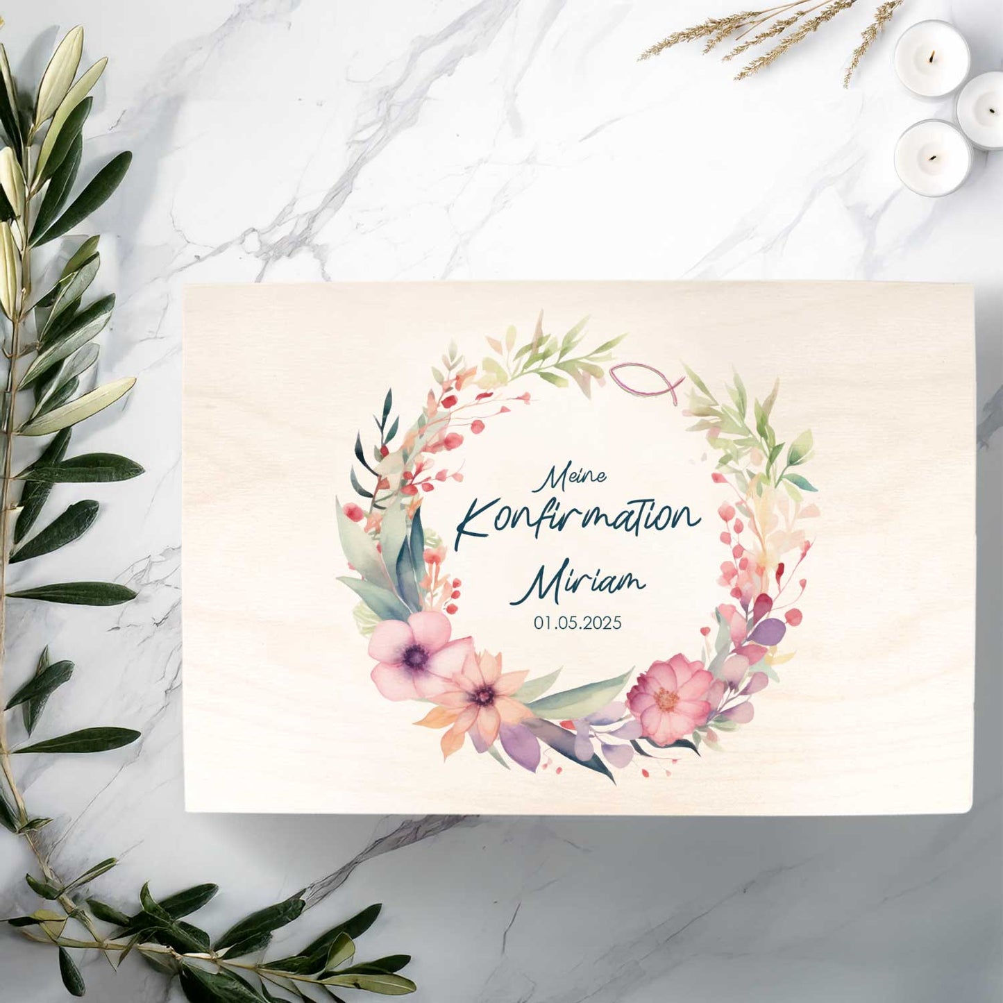 Bedruckte Erinnerungskiste zur Kommunion & Konfirmation - Blumenkranz