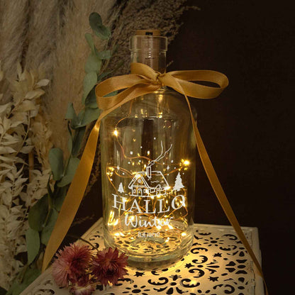 Flaschenlicht mit LED-Lichterkette im Hallo Winter Design - Personalisiert mit Namen