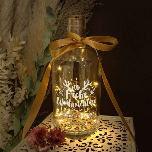 Flaschenlicht mit LED-Lichterkette im Frohe Weihnachten Design - Personalisiert mit 2 Namen
