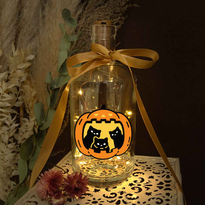 Flaschenlicht mit LED-Lichterkette im Halloween Kürbis Katzen UV Design