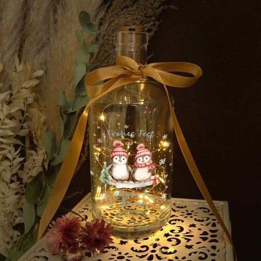 Flaschenlicht mit LED-Lichterkette und UV Druck - Pinguine Design - Personalisiert mit Name