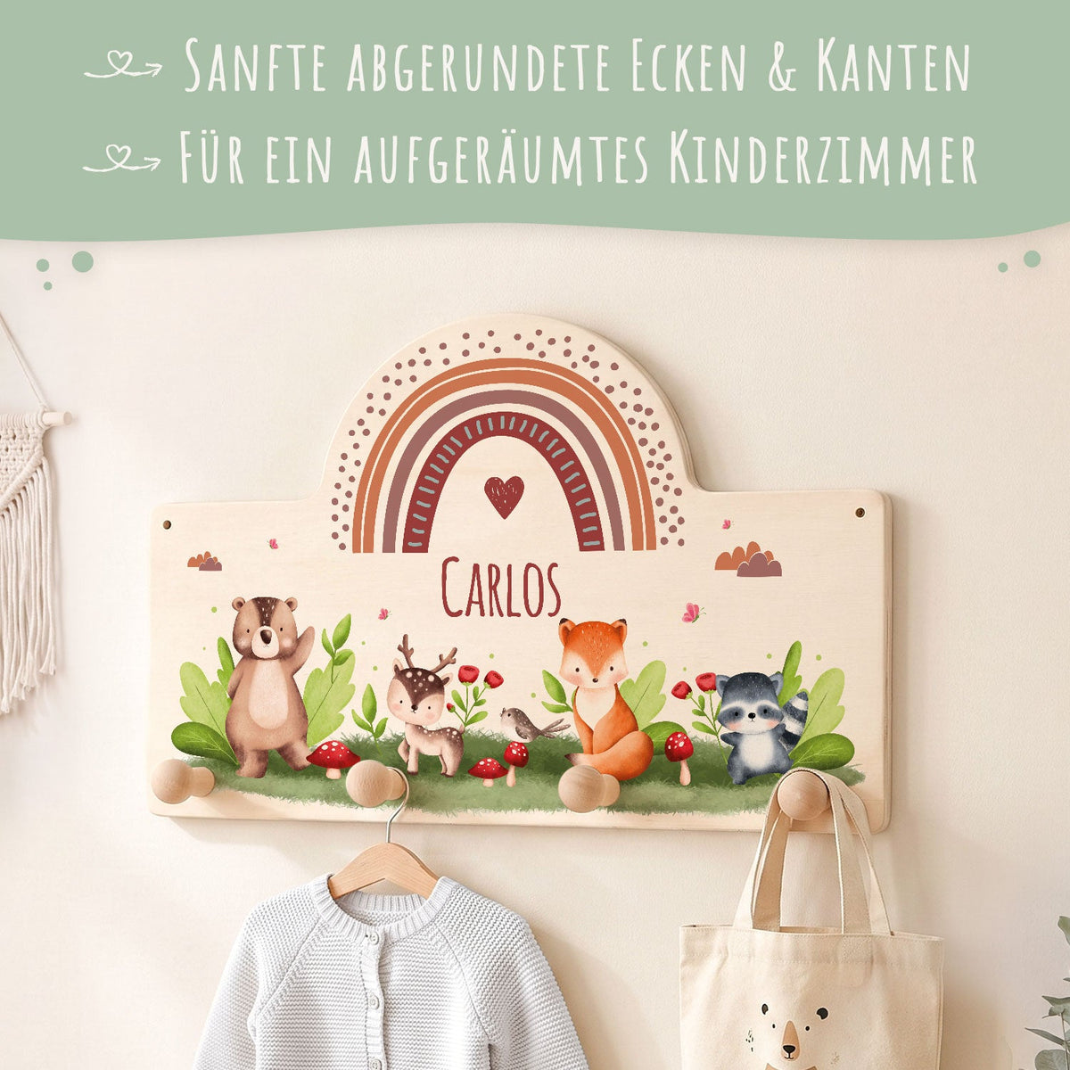 Personalisierte Garderobe fürs Kinderzimmer - Tiergruppe Waldtiere