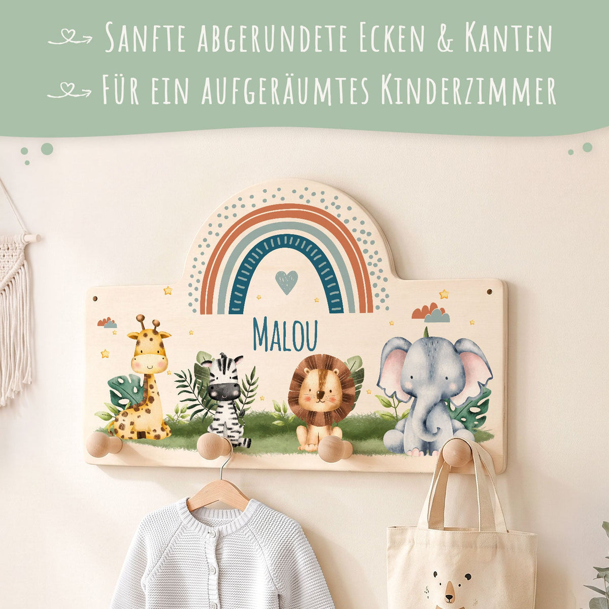 Personalisierte Garderobe fürs Kinderzimmer - Tiergruppe Safari
