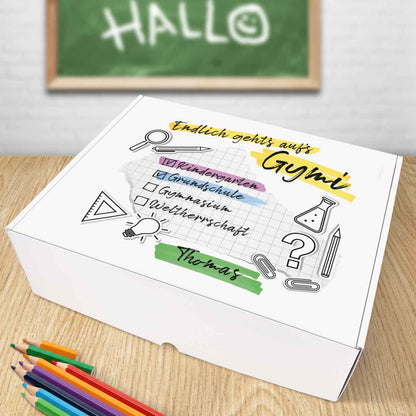 Personalisierte Geschenkbox - Endlich gehts aufs Gymi - Einschulung