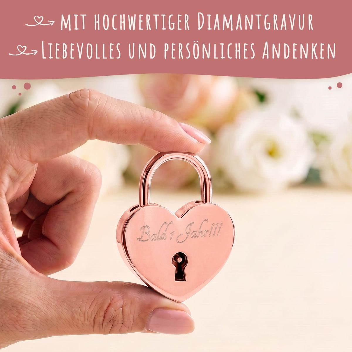 Herzschloss in Rosegold mit Gravur