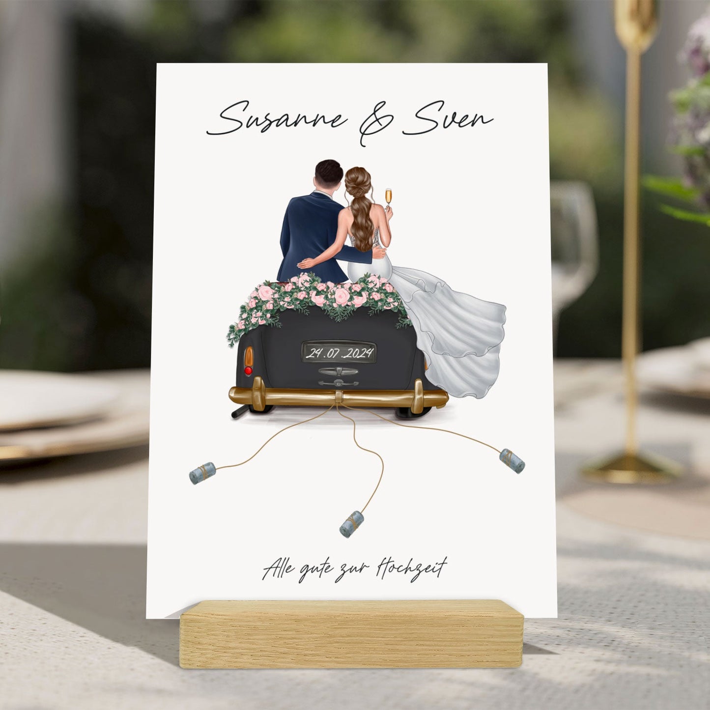 Holzschild Hochzeitsauto - Umfangreich anpassbares Geldgeschenk zur Hochzeit