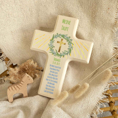 Personalisierbares Holzkreuz zur Taufe Konfirmation und Kommunion - Kranz Design