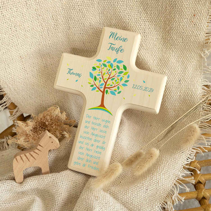 Personalisierbares Holzkreuz zur Taufe Konfirmation und Kommunion - Lebensbaum Design