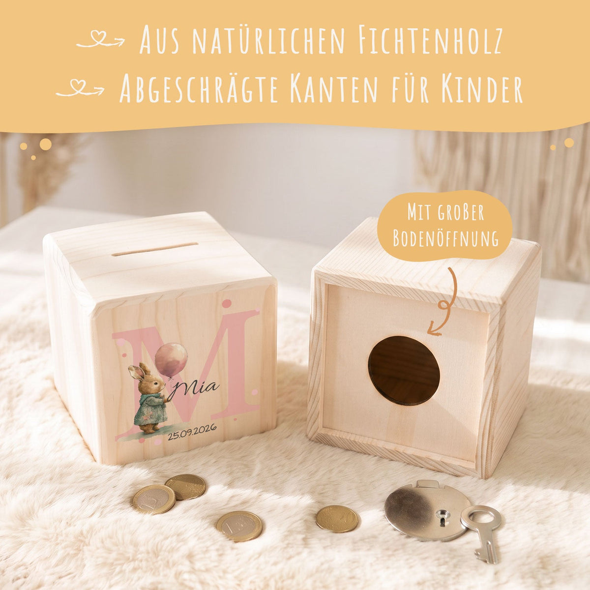 Spardose aus Holz - Initialen Tiermotive