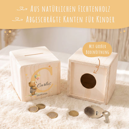 Spardose aus Holz - Initialen Tiermotive