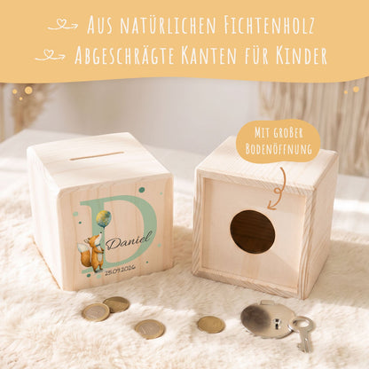 Spardose aus Holz - Initialen Tiermotive