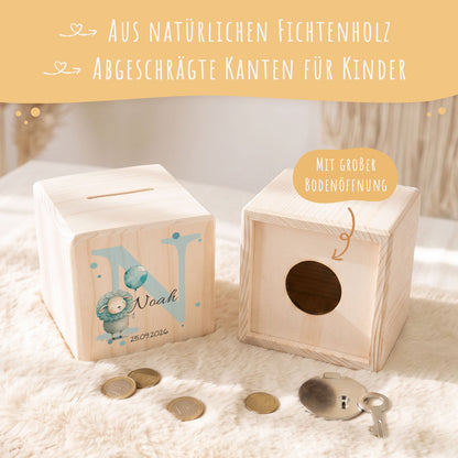 Spardose aus Holz - Initialen Tiermotive