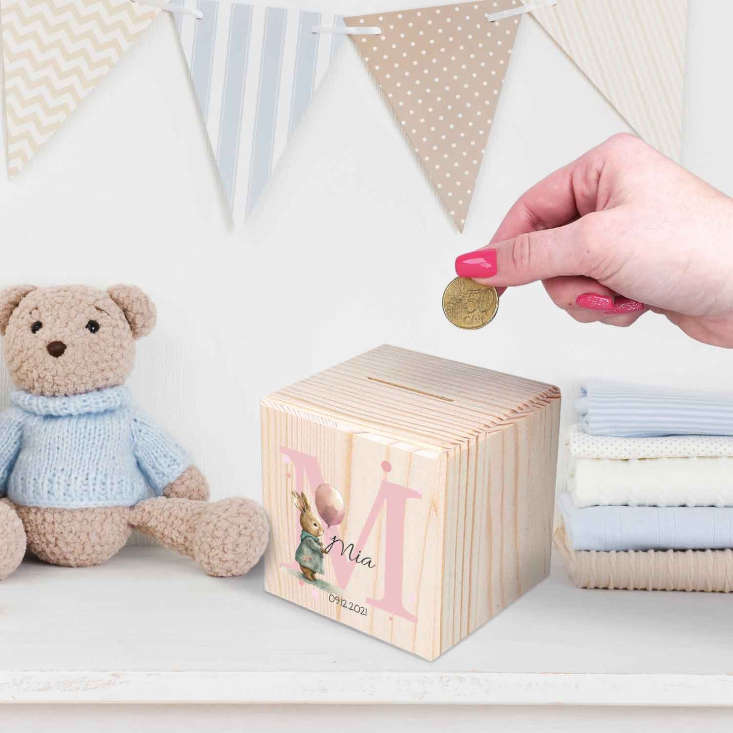Spardose aus Holz - Tiermotive mit Monogramm