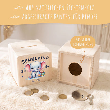 Spardose aus Holz - Schulkind