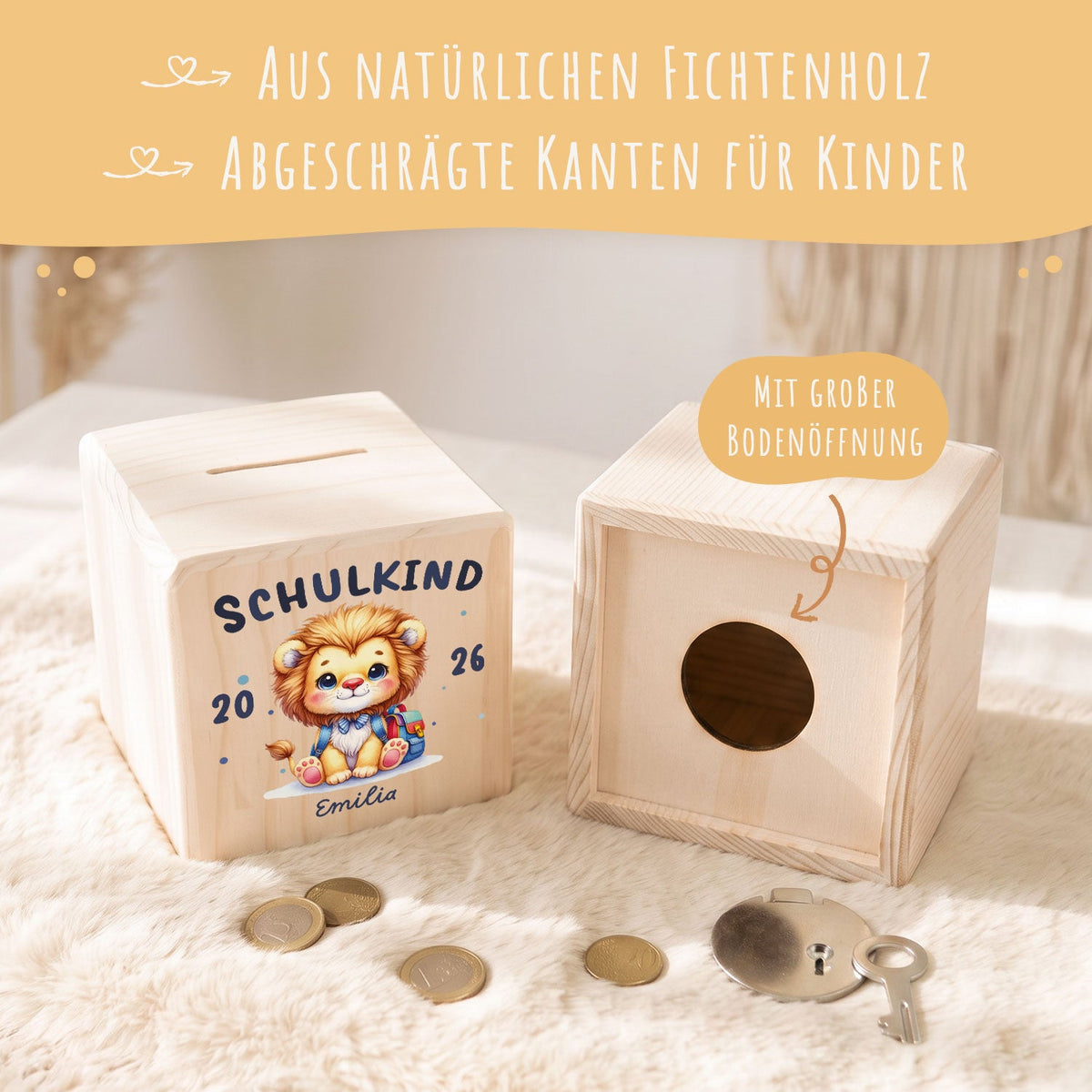 Spardose aus Holz - Schulkind