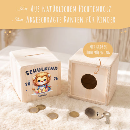 Spardose aus Holz - Schulkind