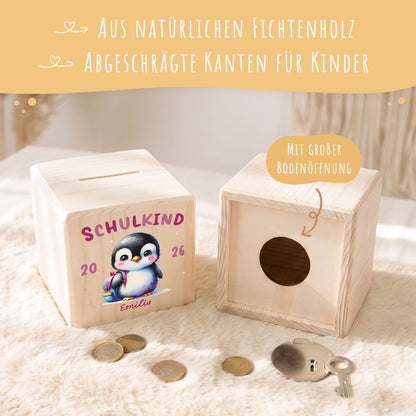 Spardose aus Holz - Schulkind
