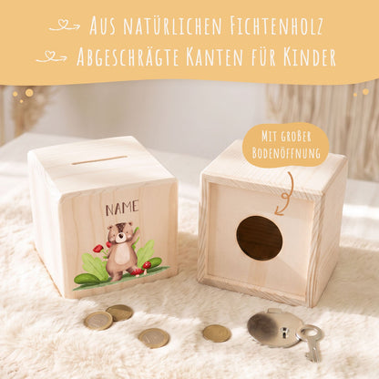 Spardose aus Holz - Tiergruppe Wald