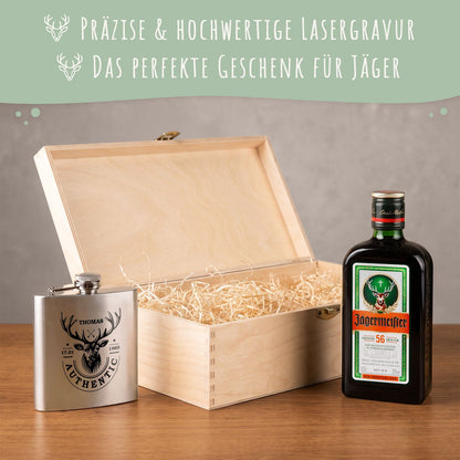 Flachmann aus Edelstahl Geschenkset - personalisiert mit Jägermeister im Set