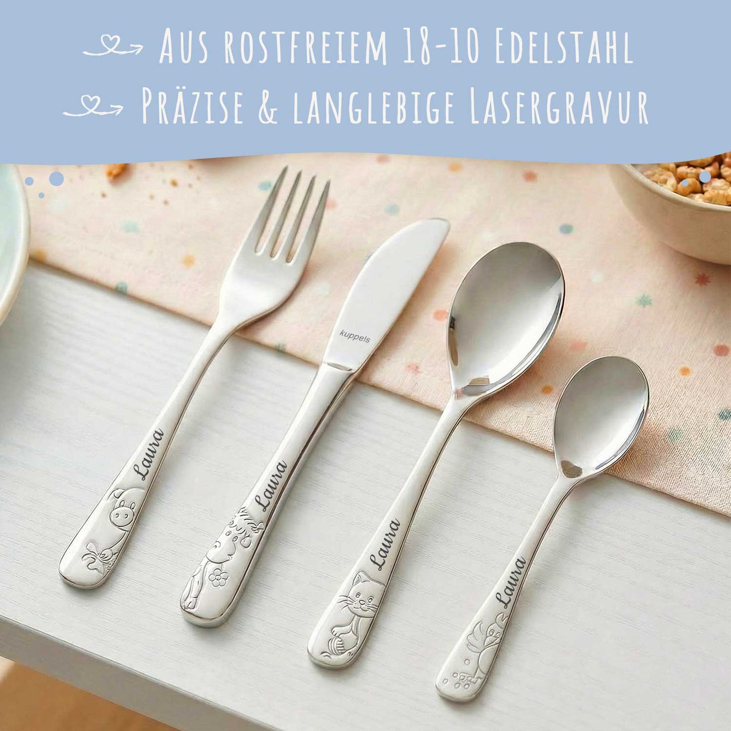 Personalisiertes Kinderbesteck - 4-teiliges Besteckset mit Name für Kinder